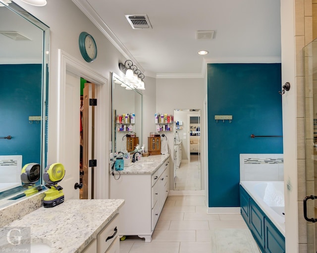 1029 Spanish Moss Cir, Bossier City, LA 71111 - full bathroom with ornamental molding, a bath, vanity, tile patterned flooring, and tiled shower