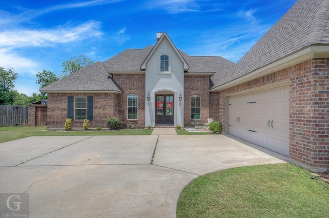 1029 Spanish Moss Cir, Bossier City, LA 71111 - french country inspired facade featuring french doors, roof with shingles, brick siding, concrete driveway, and a garage