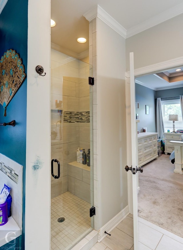 1029 Spanish Moss Cir, Bossier City, LA 71111 - bathroom with ornamental molding, a stall shower, baseboards, recessed lighting, and tile patterned flooring