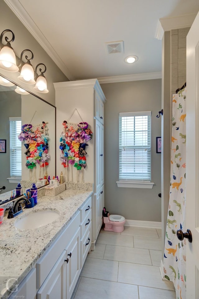 1029 Spanish Moss Cir, Bossier City, LA 71111 - full bathroom featuring vanity, tile patterned flooring, crown molding, baseboards, and recessed lighting