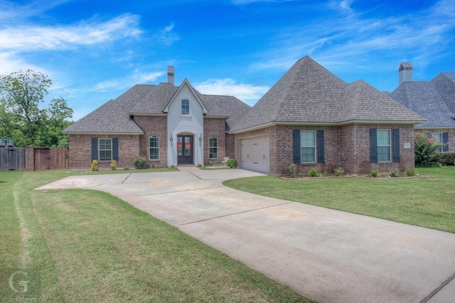 1029 Spanish Moss Cir, Bossier City, LA 71111 - french country inspired facade with brick siding, a chimney, roof with shingles, concrete driveway, and a garage