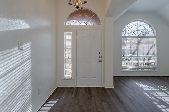 7028 Herman Jared Dr, North Richland Hills, TX 76182 - foyer featuring healthy amount of natural light, dark wood-type flooring, a chandelier, and lofted ceiling