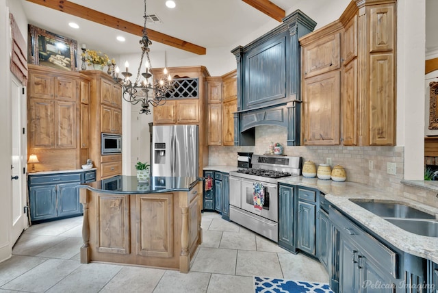 129 Carondelet Ct, Bossier City, LA 71111 - kitchen with stainless steel appliances, a chandelier, beamed ceiling, tasteful backsplash, and hanging light fixtures