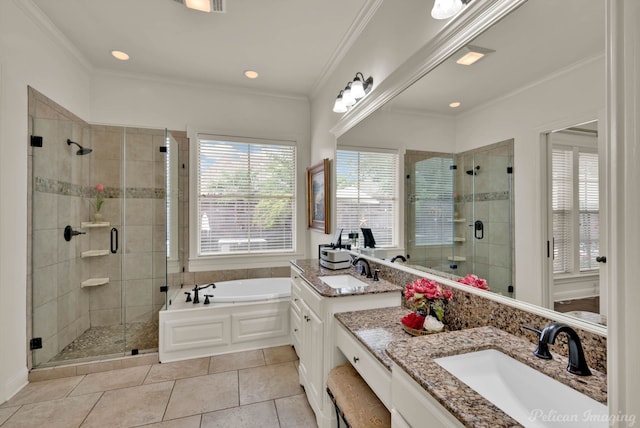129 Carondelet Ct, Bossier City, LA 71111 - full bath featuring double vanity, a garden tub, a shower stall, tile patterned floors, and recessed lighting