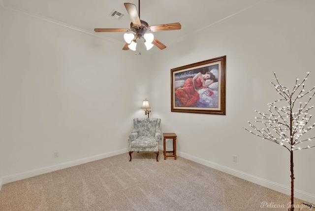 129 Carondelet Ct, Bossier City, LA 71111 - sitting room featuring carpet flooring, ceiling fan, baseboards, and crown molding