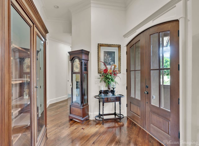 129 Carondelet Ct, Bossier City, LA 71111 - foyer entrance with french doors, wood finished floors, baseboards, and ornamental molding