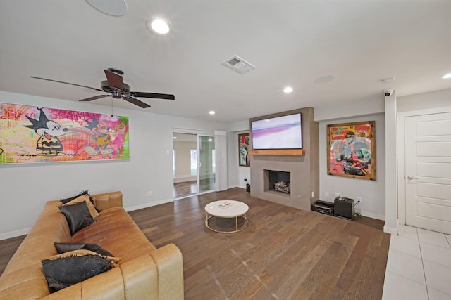 3116 Sharpview Ln, Dallas, TX 75228 - living room with a large fireplace, recessed lighting, a ceiling fan, and wood finished floors