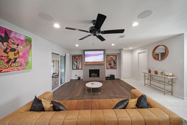 3116 Sharpview Ln, Dallas, TX 75228 - living room featuring a ceiling fan, a fireplace, recessed lighting, and wood finished floors