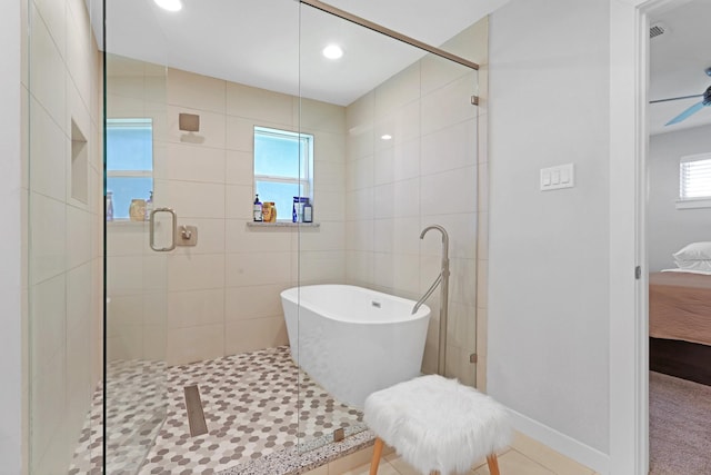 3116 Sharpview Ln, Dallas, TX 75228 - bathroom featuring connected bathroom, a freestanding bath, a stall shower, a ceiling fan, and recessed lighting