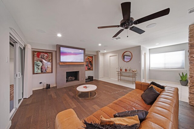 3116 Sharpview Ln, Dallas, TX 75228 - living area featuring a ceiling fan, recessed lighting, a fireplace, and wood finished floors