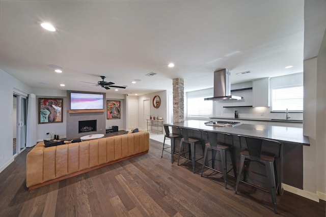 3116 Sharpview Ln, Dallas, TX 75228 - living area featuring decorative columns, dark wood finished floors, a fireplace, ceiling fan, and recessed lighting