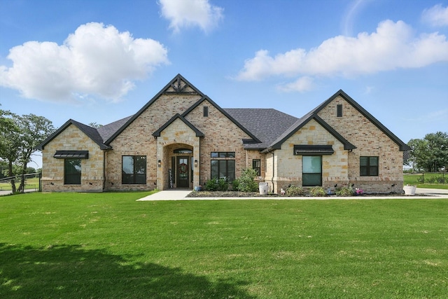 108 Wet Rock Rd E, Boyd, TX 76023 - french country home with a front lawn, brick siding, and a shingled roof