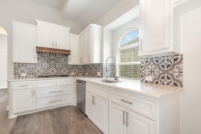 302 Micco Ln, Rockwall, TX 75087 - kitchen with appliances with stainless steel finishes, a sink, white cabinetry, backsplash, and light countertops