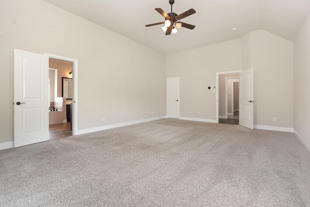 302 Micco Ln, Rockwall, TX 75087 - unfurnished bedroom with carpet flooring, high vaulted ceiling, baseboards, ensuite bathroom, and ceiling fan