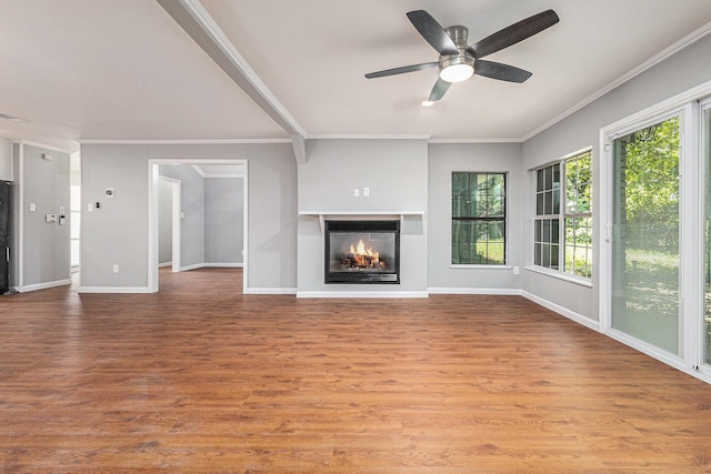 6412 Regal Rd, Forest Hill, TX 76119 - unfurnished living room featuring wood finished floors, a multi sided fireplace, ceiling fan, and ornamental molding