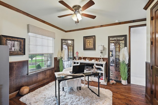 1330 Billingsley Dr, Waxahachie, TX 75167 - office with ceiling fan, wood finished floors, wainscoting, and ornamental molding