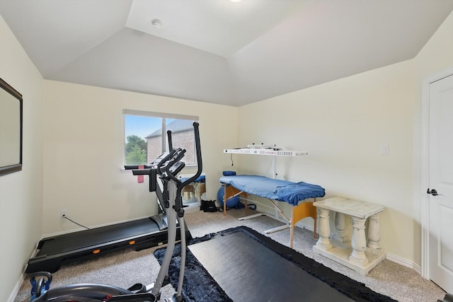 1330 Billingsley Dr, Waxahachie, TX 75167 - exercise room with carpet floors, baseboards, and lofted ceiling
