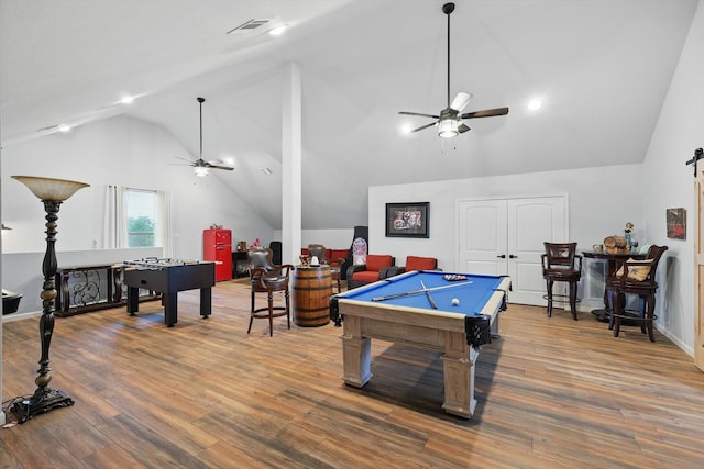1330 Billingsley Dr, Waxahachie, TX 75167 - recreation room featuring ceiling fan, billiards, high vaulted ceiling, wood finished floors, and a barn door