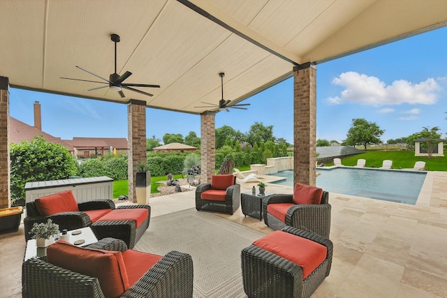 1330 Billingsley Dr, Waxahachie, TX 75167 - view of patio featuring ceiling fan, an outdoor hangout area, and an outdoor pool