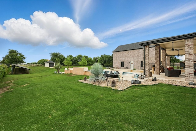 1330 Billingsley Dr, Waxahachie, TX 75167 - view of green lawn with a ceiling fan, a patio, and an outdoor hangout area