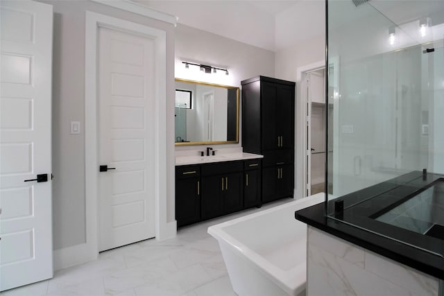 10787 Leake Ln, Frisco, TX 75035 - full bathroom with a stall shower, vanity, marble look tile flooring, and a freestanding tub