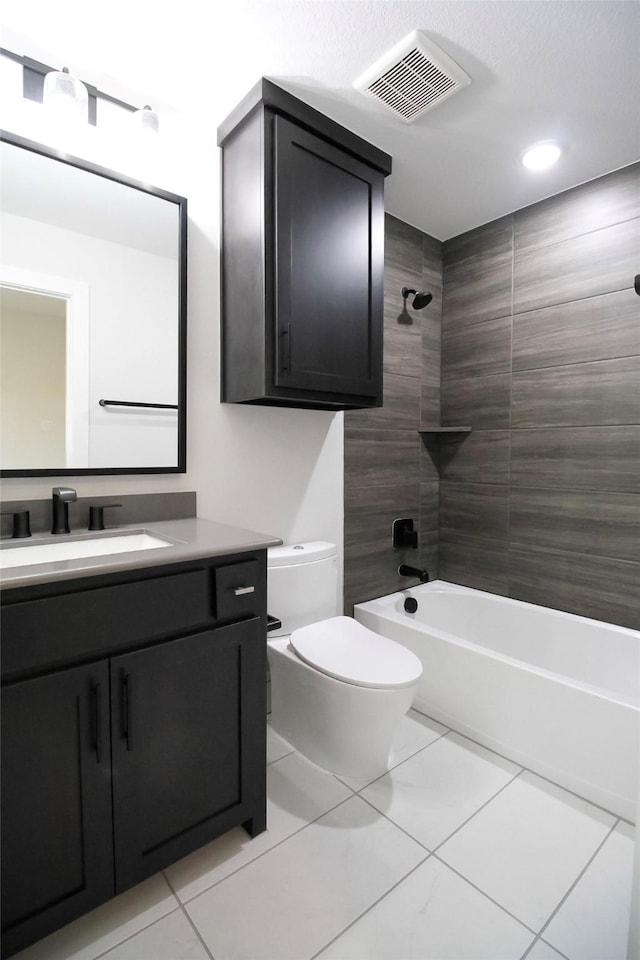 10787 Leake Ln, Frisco, TX 75035 - full bath featuring vanity, toilet, tile patterned floors, shower / tub combination, and recessed lighting