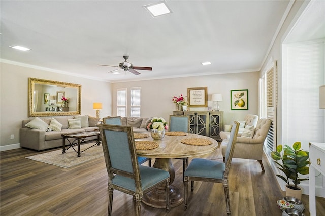 7208 Maranatha Ct, Colleyville, TX 76034 - dining space featuring dark wood-type flooring, a ceiling fan, crown molding, and baseboards