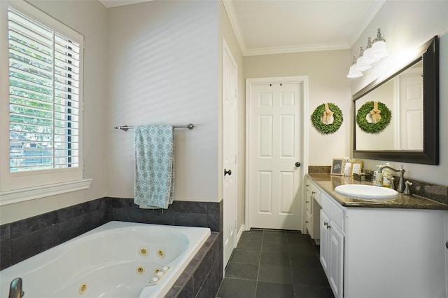 7208 Maranatha Ct, Colleyville, TX 76034 - bathroom featuring a jetted tub, vanity, crown molding, and tile patterned flooring
