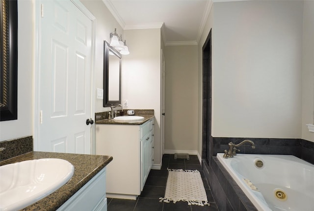 7208 Maranatha Ct, Colleyville, TX 76034 - bathroom featuring two vanities, tile patterned floors, a jetted tub, ornamental molding, and baseboards