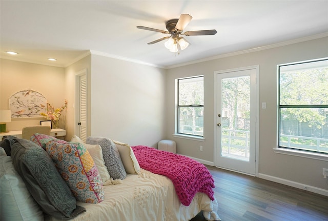 7208 Maranatha Ct, Colleyville, TX 76034 - bedroom featuring access to outside, wood finished floors, baseboards, ornamental molding, and ceiling fan
