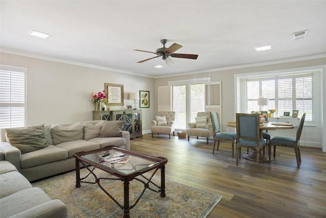 7208 Maranatha Ct, Colleyville, TX 76034 - living area with crown molding, wood finished floors, ceiling fan, and baseboards