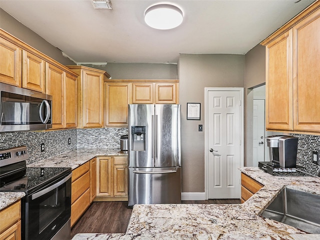 157 Castleridge Dr Unit B, Little Elm, TX 75068 - kitchen featuring stainless steel appliances, dark wood-type flooring, light stone countertops, and decorative backsplash