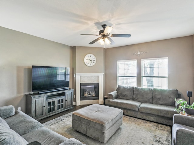 157 Castleridge Dr Unit B, Little Elm, TX 75068 - living room with a ceiling fan, a glass covered fireplace, and wood finished floors