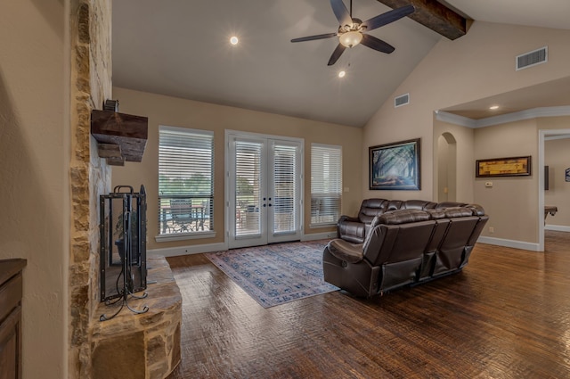 436 Highbluff Trl, Royse City, TX 75189 - living room with beamed ceiling, a ceiling fan, high vaulted ceiling, wood finished floors, and arched walkways