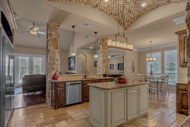 436 Highbluff Trl, Royse City, TX 75189 - kitchen featuring stainless steel appliances, ceiling fan, stone tile flooring, plenty of natural light, and high vaulted ceiling