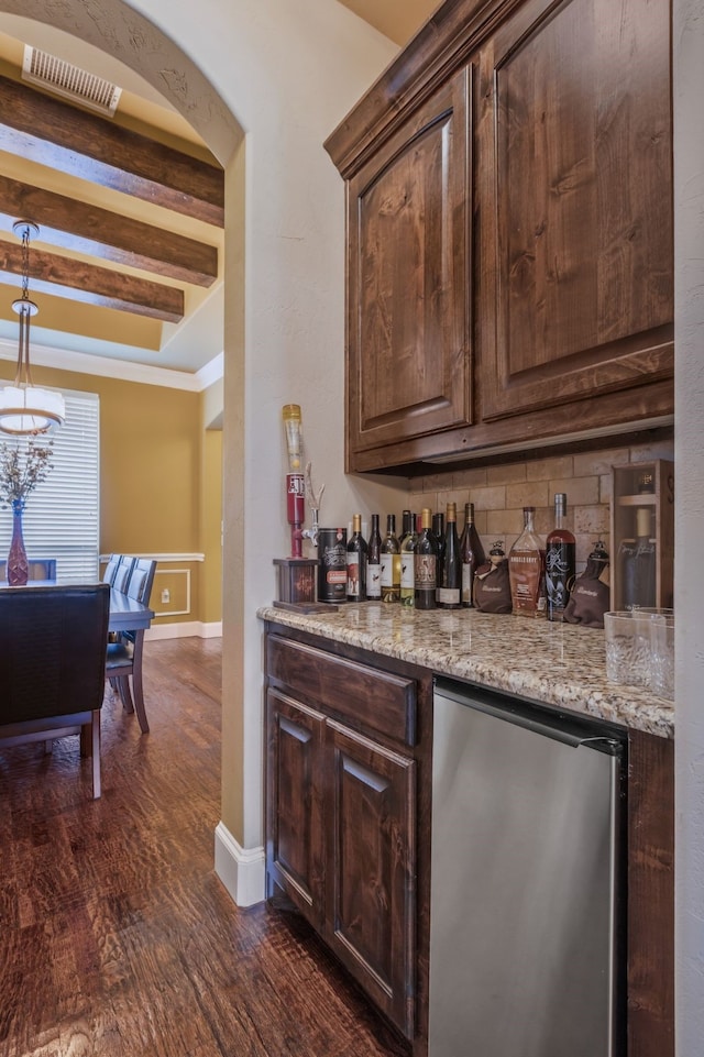 436 Highbluff Trl, Royse City, TX 75189 - indoor dry bar with refrigerator, dark wood finished floors, a tray ceiling, and ornamental molding