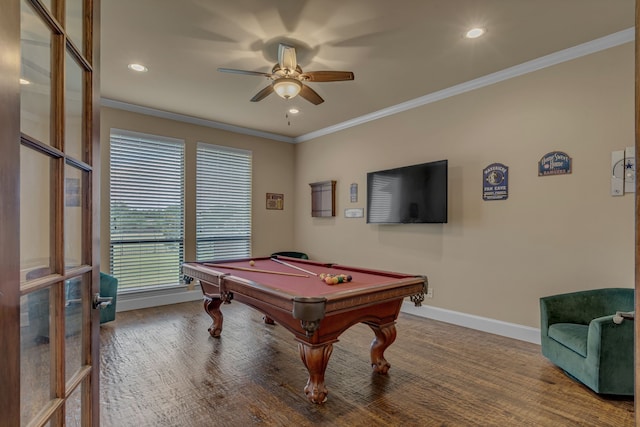 436 Highbluff Trl, Royse City, TX 75189 - recreation room featuring a ceiling fan, billiards table, crown molding, recessed lighting, and wood finished floors