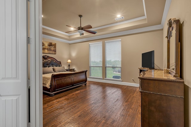 436 Highbluff Trl, Royse City, TX 75189 - bedroom with a raised ceiling, dark wood finished floors, crown molding, and ceiling fan