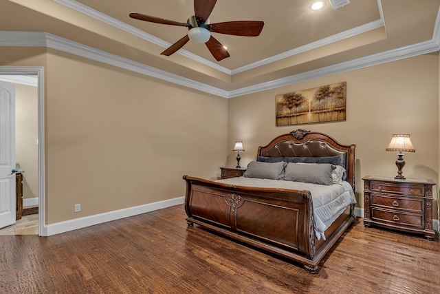 436 Highbluff Trl, Royse City, TX 75189 - bedroom featuring ornamental molding, wood finished floors, a tray ceiling, recessed lighting, and a ceiling fan