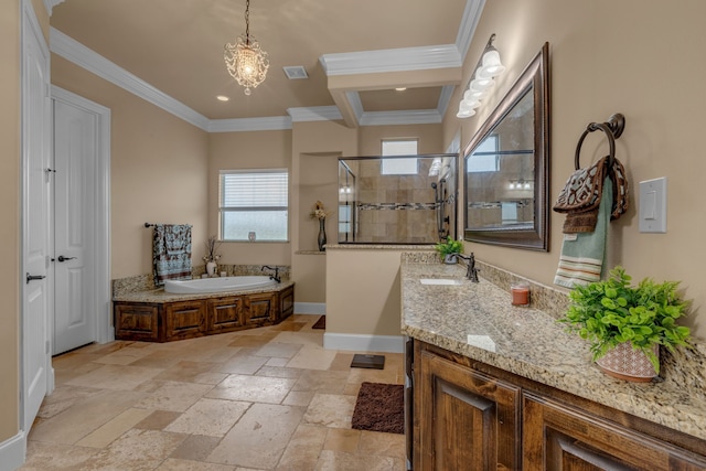 436 Highbluff Trl, Royse City, TX 75189 - bathroom with healthy amount of natural light, a bath, vanity, a tile shower, and ornamental molding