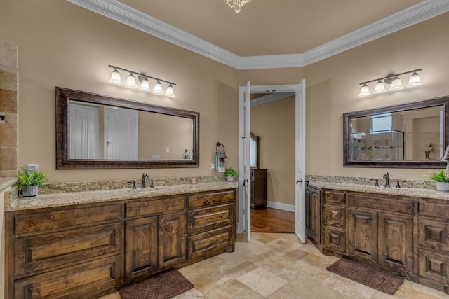 436 Highbluff Trl, Royse City, TX 75189 - bathroom with stone tile flooring, two vanities, and ornamental molding