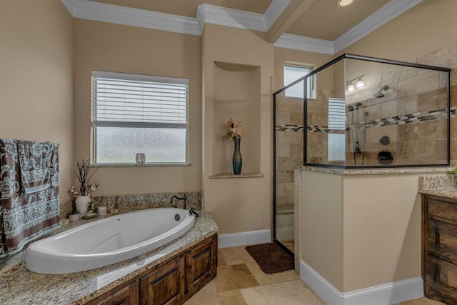 436 Highbluff Trl, Royse City, TX 75189 - full bathroom featuring a garden tub, tiled shower, ornamental molding, and vanity