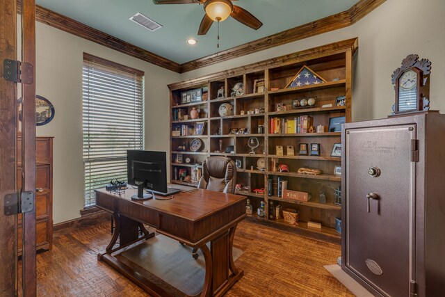 436 Highbluff Trl, Royse City, TX 75189 - office space featuring a ceiling fan, ornamental molding, plenty of natural light, wood finished floors, and recessed lighting