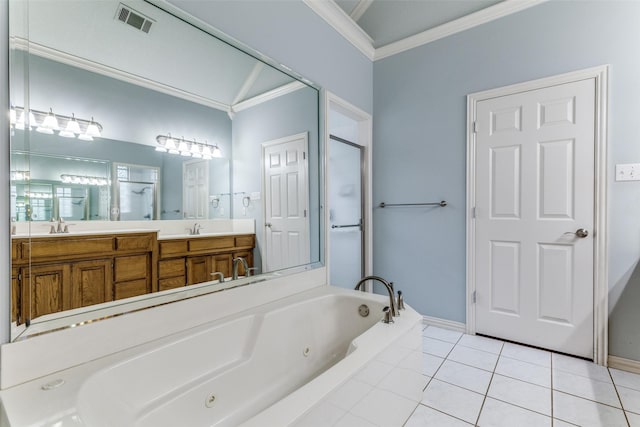 805 Evergreen Ct, Keller, TX 76248 - bathroom with crown molding, a tub with jets, double vanity, tile patterned floors, and a shower stall