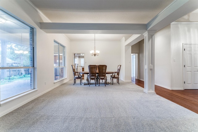 805 Evergreen Ct, Keller, TX 76248 - dining room with carpet flooring, ornate columns, healthy amount of natural light, and crown molding