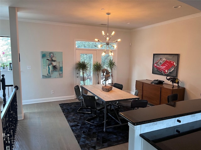 5701 Pantheon Ct, Plano, TX 75024 - dining room with dark wood finished floors, baseboards, a chandelier, crown molding, and recessed lighting