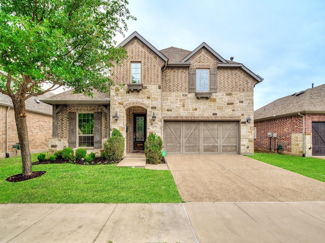 413 Winehart St, Lewisville, TX 75056 - view of front of house featuring a garage, a front lawn, driveway, and brick siding