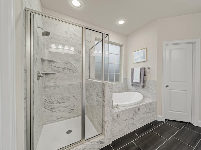 413 Winehart St, Lewisville, TX 75056 - full bath featuring a bath, a marble finish shower, and recessed lighting