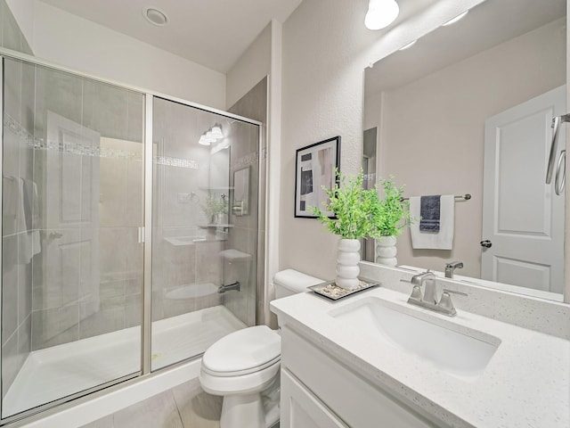 413 Winehart St, Lewisville, TX 75056 - full bath with toilet, a stall shower, vanity, and tile patterned floors