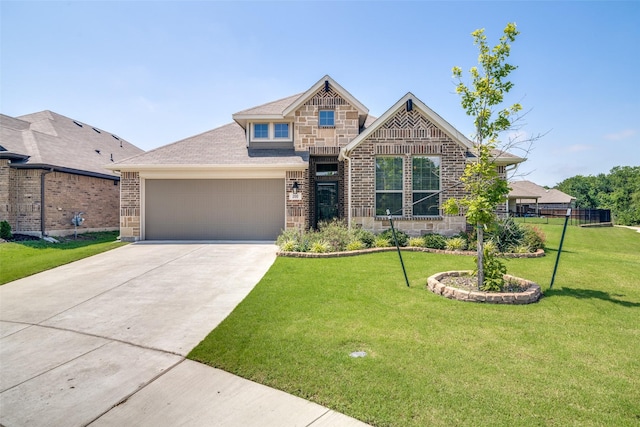 200 Tallgrass Dr, Lavon, TX 75166 - view of front of property with an attached garage, concrete driveway, a front yard, stone siding, and brick siding